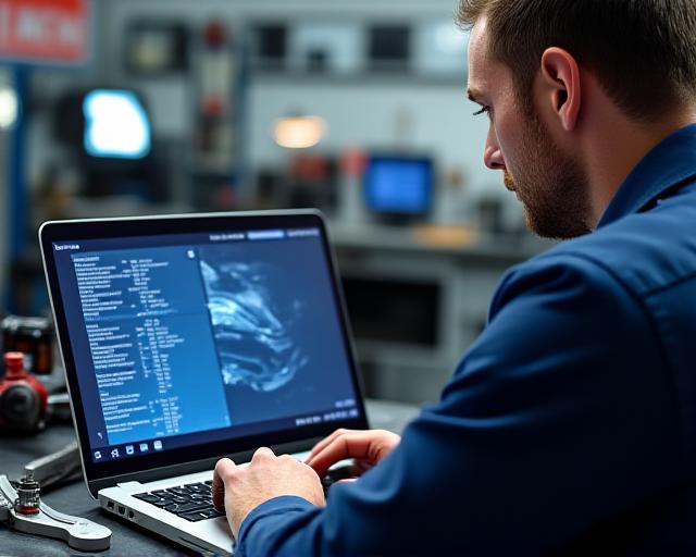 Mechanic using a laptop for car tuning diagnostics, showing advanced technology at Apex Jaguar Auto