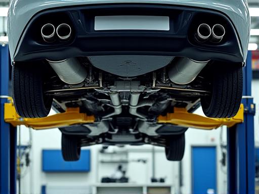 Jaguar lifted in a professional workshop, underside visible